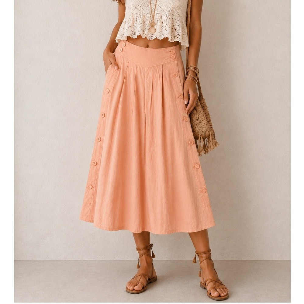 Cottagecore 3 / 4 Midi Skirt A-Line Button Side Pleated High Waist Peach Pink